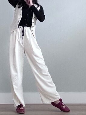 White Wide-Leg Drawstring Lounge Pants | Minimalist Lightweight Trousers